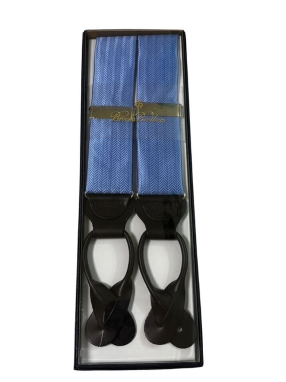 Brooks Brothers Blue Herringbone Suspenders Leather Button Ends One Size USA